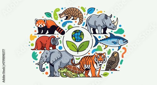 Endangered animals illustration featuring a diverse group of species around the Earth vector graphic for conservation and environmental awareness