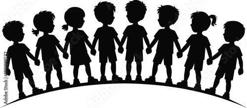 A diverse group of children hold hands in a circle, symbolizing unity and friendship.