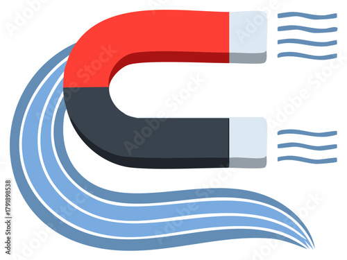 Horseshoe magnet attracting blue waves and streams of energy