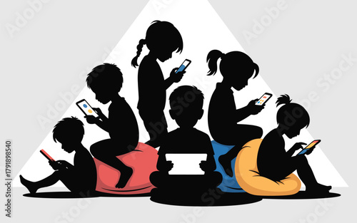 Silhouettes of children engrossed in using mobile phones while sitting on cushions.