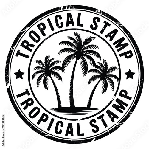 Vintage tropical stamp with palm trees and stars
