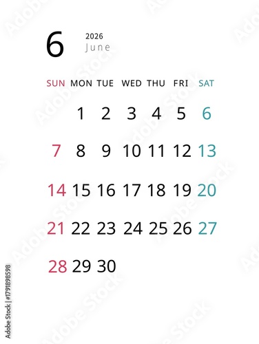 Simple Tall 2026 June Calendar