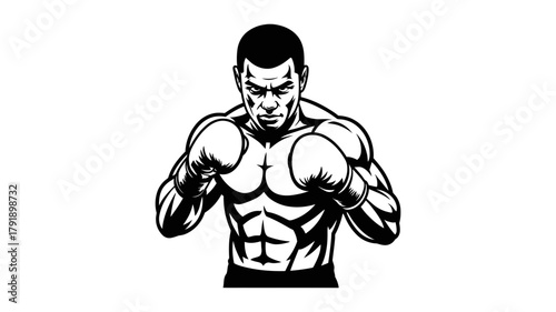 A determined boxer with clenched fists and boxing gloves stands ready to fight.