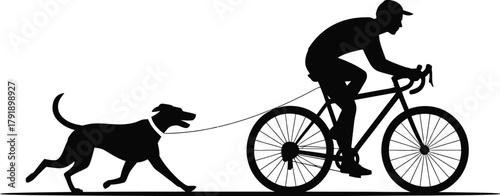 A person on a bicycle is cycling with a dog running alongside on a leash.