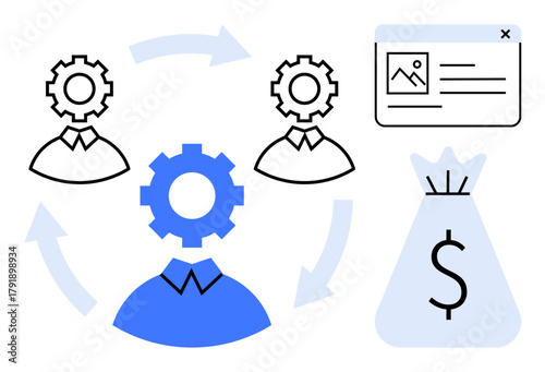 Workflow diagram featuring gears, user avatars, web interface, and money bag signifying teamwork, business processes, online platforms, and revenue creation. Ideal for business strategy