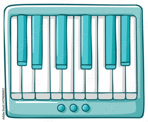 Playful hand drawn cartoon musical keyboard illustration with teal and white keys