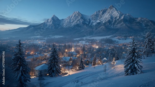 Snowy village nestled beneath majestic mountains at twilight in winter scene, winter background