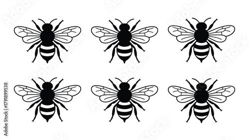 Six stylized black and white bees are arranged in two rows on a white background.