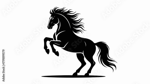 A black silhouette of a horse rearing up on its hind legs with a flowing mane and tail