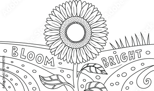 A sunflower with the words "Bloom Bright" written around it in a drawing.