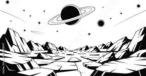 A stylized, black and white illustration of an alien planet landscape with Saturn in the sky.