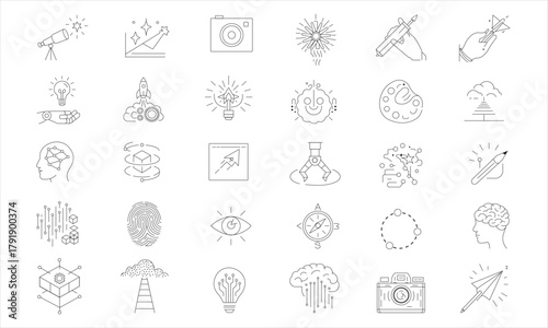 Innovation icon set. Inspiration icon. Knowledge cognition icon set.  Smart thinking, learning, light bulb genius idea, creative, education book, achievement, brain, brainstorm. vector illustration