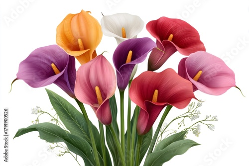 Colorful calla lily flower bouquet with green leaves