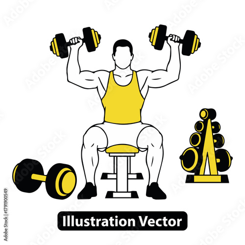Man lifting weights on bench press with dumbbell rack in gym illustration