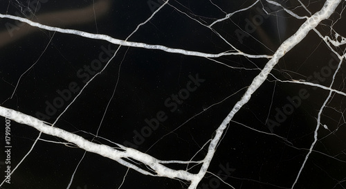 Dramatic luxury texture of black marble featuring a thick, bold white vein contrasted with hairline fissures