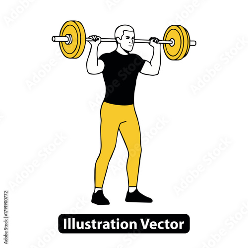 Strong man performing an overhead press with a barbell during a vigorous gym workout session