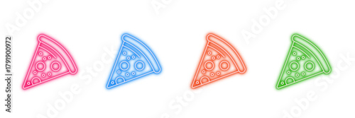 Neon glowing pizza slice vector icons set, food, fast food, meal, restaurant, italian, glowing, multicolor, vibrant, modern digital design illustration on transparent background.