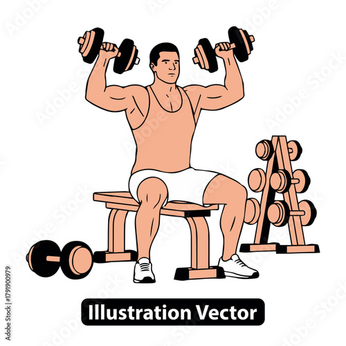 Strong man exercising with heavy dumbbells on a workout bench, fitness and bodybuilding concept