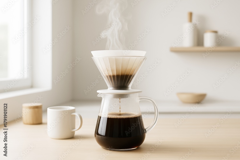 Obraz premium Pour-over coffee brewing with steam rising in a minimal kitchen setting with soft natural light and neutral background tones. Ai generative. Ai generative