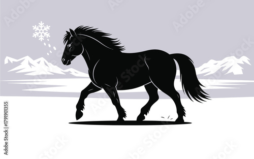 A majestic black horse walks through a snowy landscape with mountains in the background.