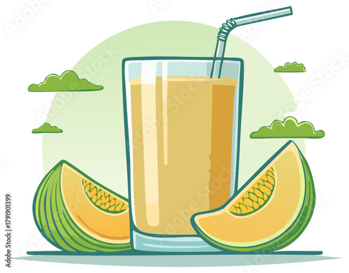 Honeydew Melon Juice Fresh Drink with Straw in Glass with Two Slices and Green Clouds