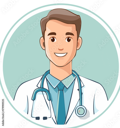 Smiling Doctor Illustration Wearing a White Coat and Stethoscope in a Circular Frame Healthcare Professional Avatar