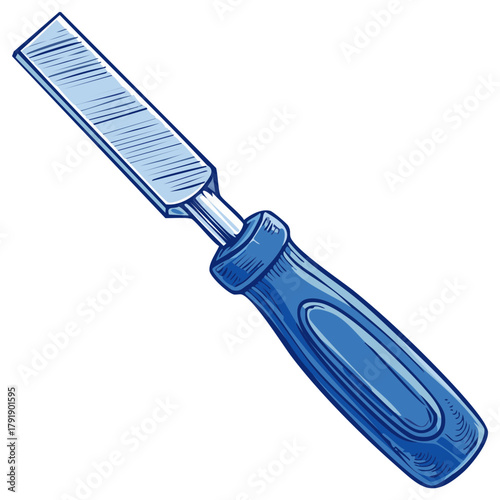 Simple cartoon drawing of a blue handled steel chisel for woodworking and DIY projects