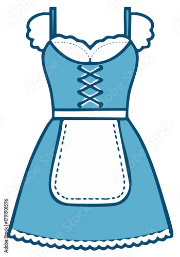 Traditional Blue Dirndl Dress with White Apron and Lace Trim