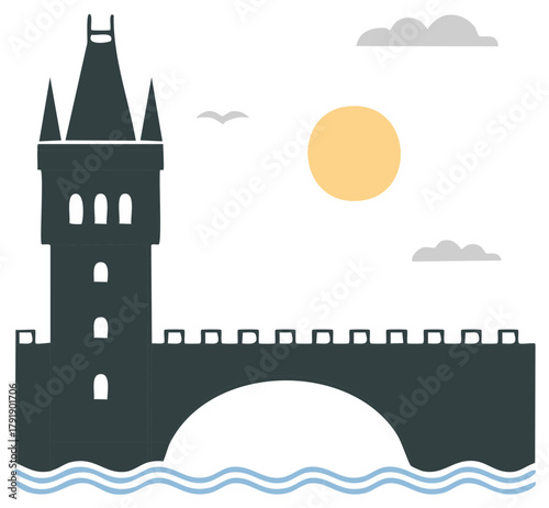 Historic stone bridge with medieval tower, arch over water, sun, clouds, minimal illustration style