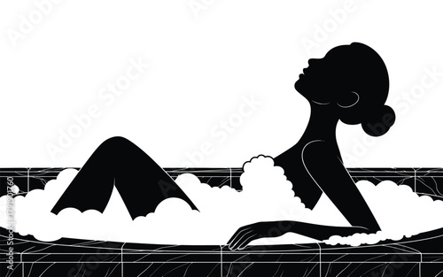Silhouette of a woman relaxing in a bubble bath.