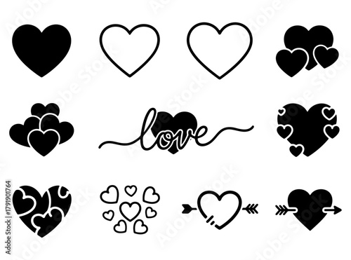 A diverse set of black heart vector graphic icons for love and romance, including solid, outline, and arrow styles