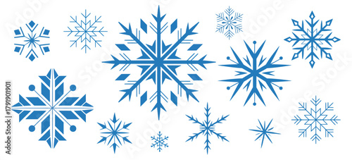 Snowflake  collection of blue icons, winter decorative patterns, isolated snowflake shapes for seasonal greeting cards, holiday banners, and web design use.