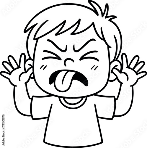 Cartoon boy making a disgusted face with tongue sticking out