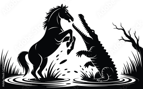 A horse rears up in water as a crocodile lunges towards it with open jaws.