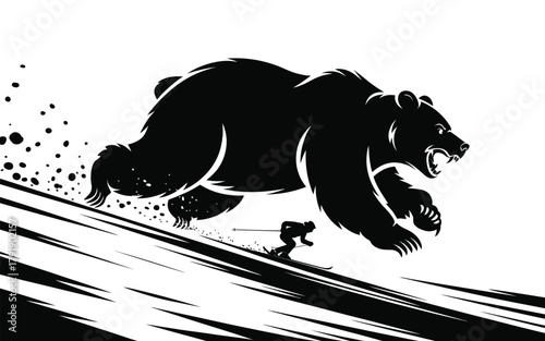 A bear chases a skier down a snowy slope in an illustration.