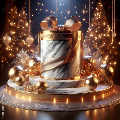 opulent Christmas present box with golden ribbon on a marble pedestal