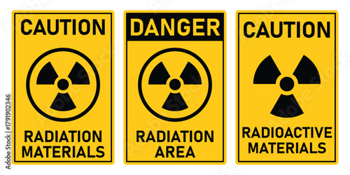 Three yellow caution and danger signs with radiation symbol and text