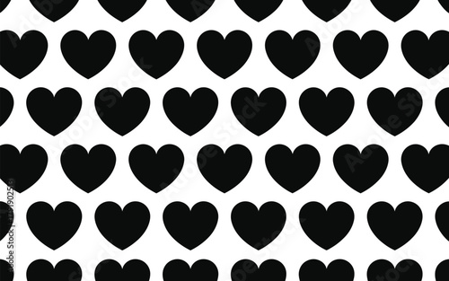 A repeating pattern of solid black hearts on a white background.