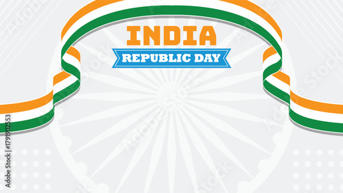 India republic day celebration banner with tricolor ribbon and sunburst background