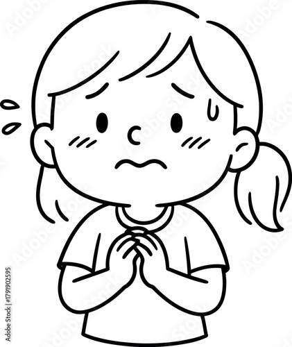 Worried cartoon girl clasps hands in anxious plea