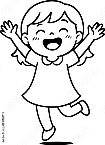 Joyful cartoon girl with arms raised in excitement and happiness