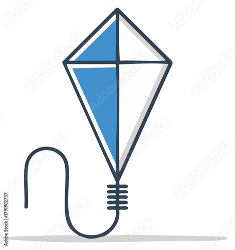 Simple blue and white kite with a dark string on a light background
