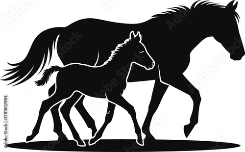 A mother horse and her foal walk together in silhouette.