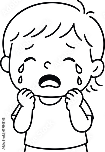 Sad child crying tears holding cheeks in distress