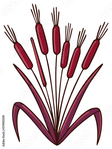 Stylized Illustration of Cattails with Dark Red Leaves and Seed Heads