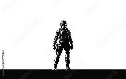A solitary soldier stands in a stark, high-contrast silhouette against a white background.