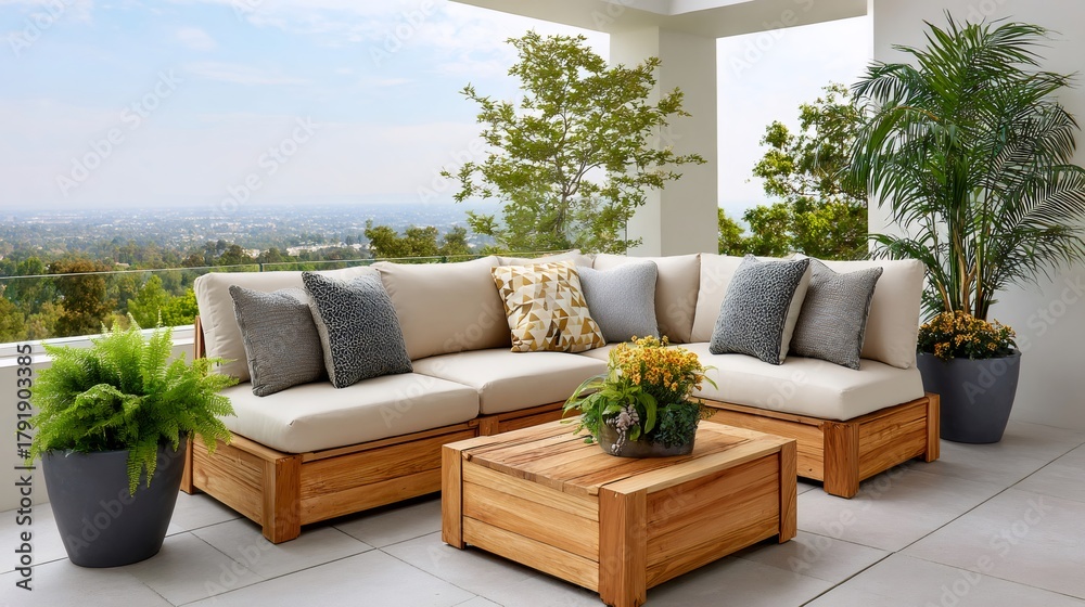 Obraz premium Contemporary outdoor patio furniture with city view