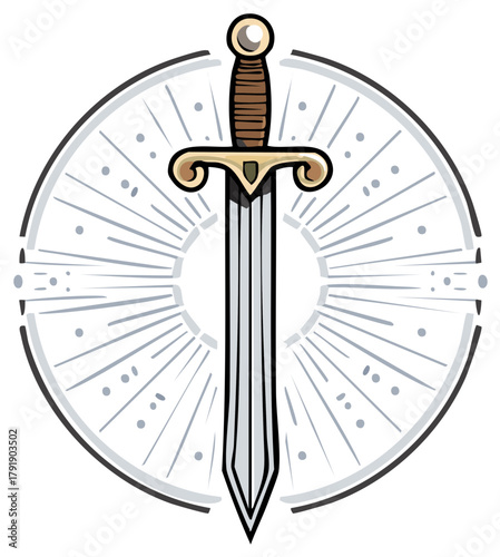 A classic medieval sword illustration with a radiant sunburst emblem vector graphic