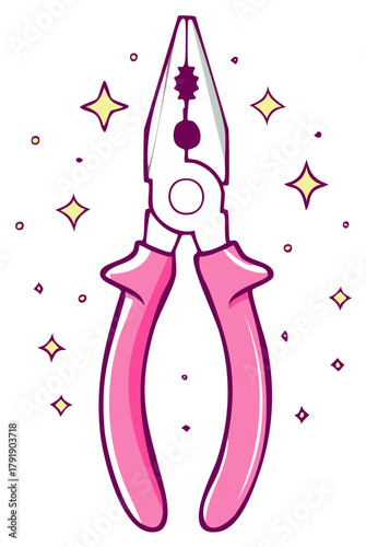 Cute sparkling pink pliers cartoon illustration for feminine DIY and craft concepts
