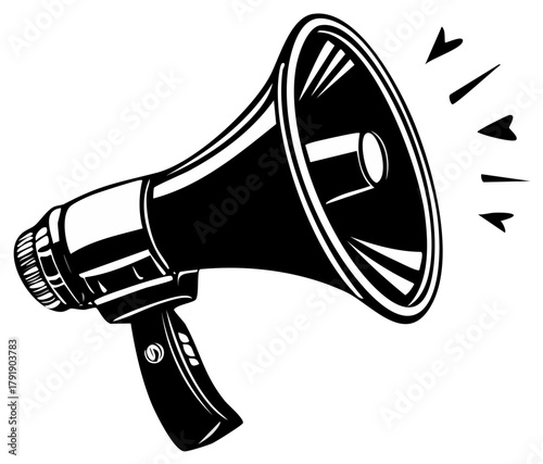 Black and White Megaphone Vector Illustration with Sound Waves for Public Announcement